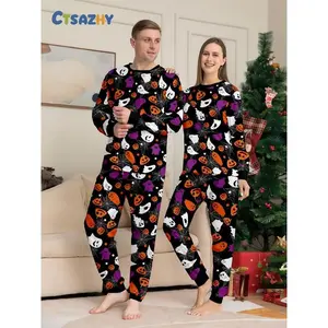 Halloween Matching Couple Pajamas - All-Over Ghost & Pumpkin Print Loungewear