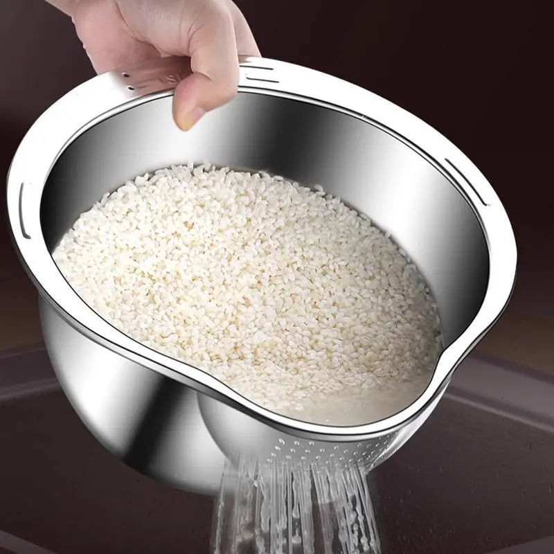 Stainless Steel Rice Washing Bowl with Strainer, Rice Rinse and Drain Basket, Kitchen Colander for Washing Rice, Fruits and Vegetables, Food Prep Bowl, Kitchen Accessories