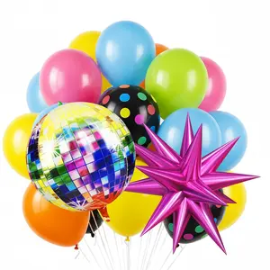 80s-90s Disco Party Balloon Kit 62pcs Neon, Star & Disco Ball for Retro Dance Decor
