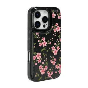 A phone case designed with pink flowers on vines, leather card slot, suitable for iPhone 17/16/15/14/13/12 PRO PROMAX PLUS AIR, an ideal gift for friends, family, or couples, KBPK34