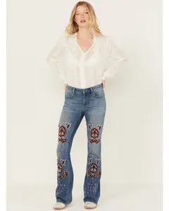 Briley Medium Wash Mid Rise Embellished Stretch Bootcut Jeans