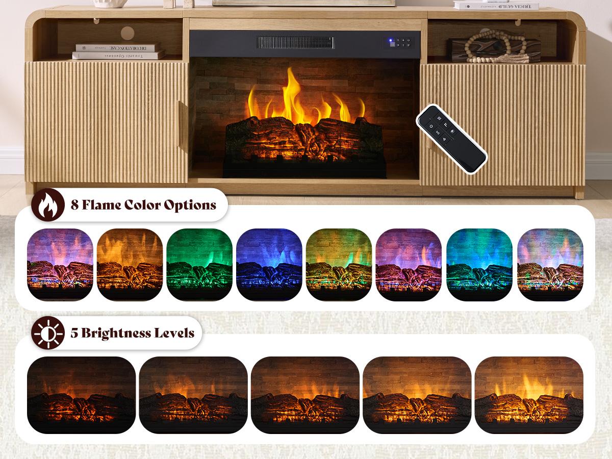 AMERLIFE 70" Fluted Fireplace TV Stand for TVs Up to 80", Modern TV Console with 30" Electric Fireplace & Storage Cabinets, Media Entertainment Center for Living Room