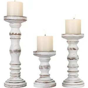 Candle Holder for Pillar Candle Set of 3, Farmhouse  Candle Holder, Rustic Wooden Candle Stand,  Tall Candle Stand Decorative for Living Room, Table Centerpiece (Antique White)