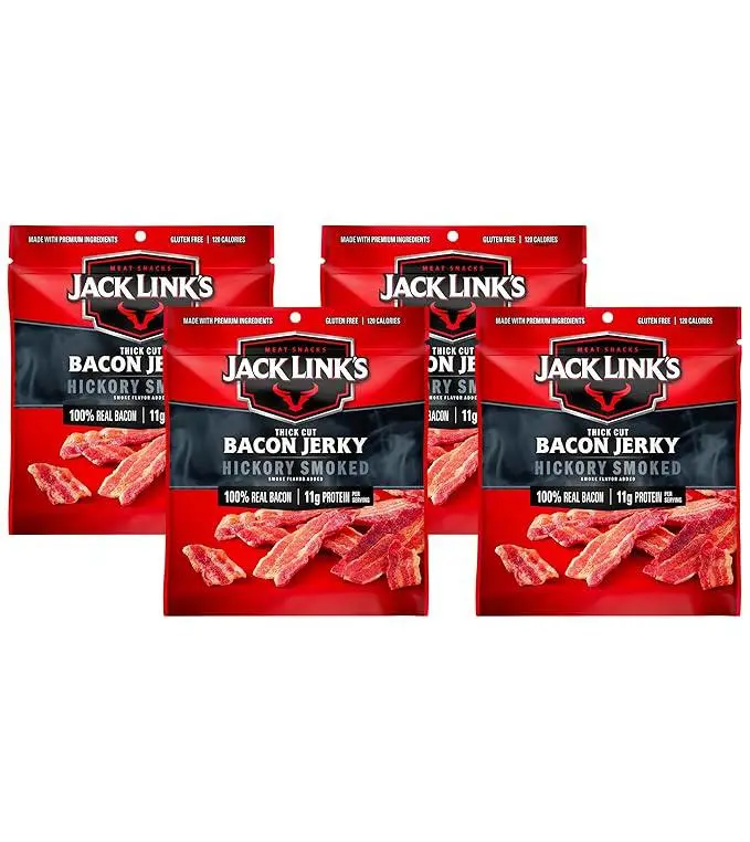 Jack Link's Bacon Jerky, Hickory Smoked - Flavorful Ready to Eat Meat Snack with 11g of Protein per Serving, Made with 100% Thick Cut Real Bacon, Protein Snack, Keto Friendly, 2.5 oz. (Pack of 4)