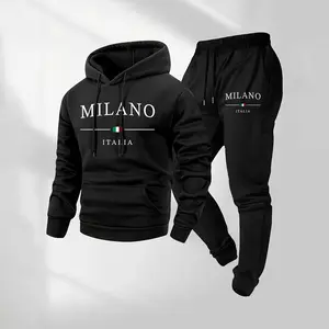 MILANO Men's Letter Printed Hoodie & Drawstring Sweatpants Set Casual Athletic Long Sleeve Hooded Jacket & Trousers for Fall Winter Daily Wear Sportswear Indoor Outdoor Tracksuit Athleisure