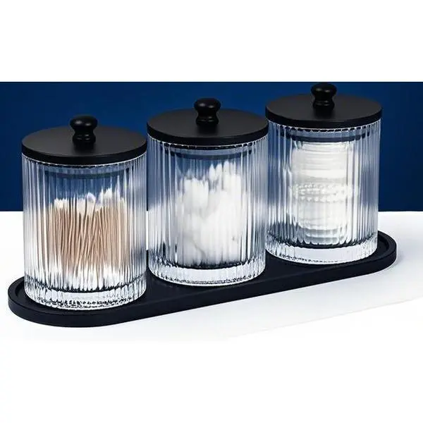 Clear Glass Storage Jars with Lids - 3 Pack Organizer Set for Bathroom Countertop, Cotton Swab Holder with Tray, Floss Pick and Cotton Ball Container - Apothecary Style, Reusable, Space-Saving Design Round Cover Gift Smooth