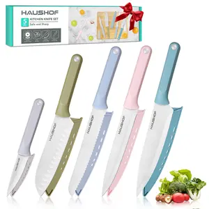 #SpringGlowUp HAUSHOF Kitchen Knife Set, 5 PCS Colorful Kitchen Knives with Sheaths, Non-Stick Coated Stainless Steel Blades for Slicing, Dicing&Cutting, Gifts Knife Set with Ergonomic Handle for Dad, Mom, and Wife