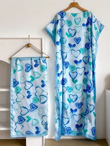 Elegant Bohemian Casual Long Robe Set with Multicolor Heart Print Shawl, Moomoo Dress + Headscarf Silk Scarf for Women, Beach Sun Protection