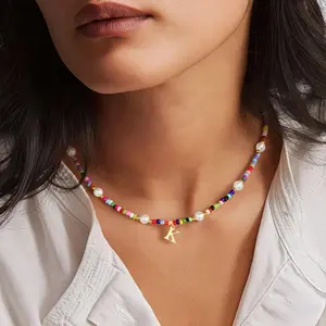Colorful Initial Necklaces for Girls - Beaded Pearl Choker Necklace for Women Teen Girl Colorful Summer Boho Necklace Jewelry, Trendy Personalized Letter Initial Gifts Birthday Gifts Kids