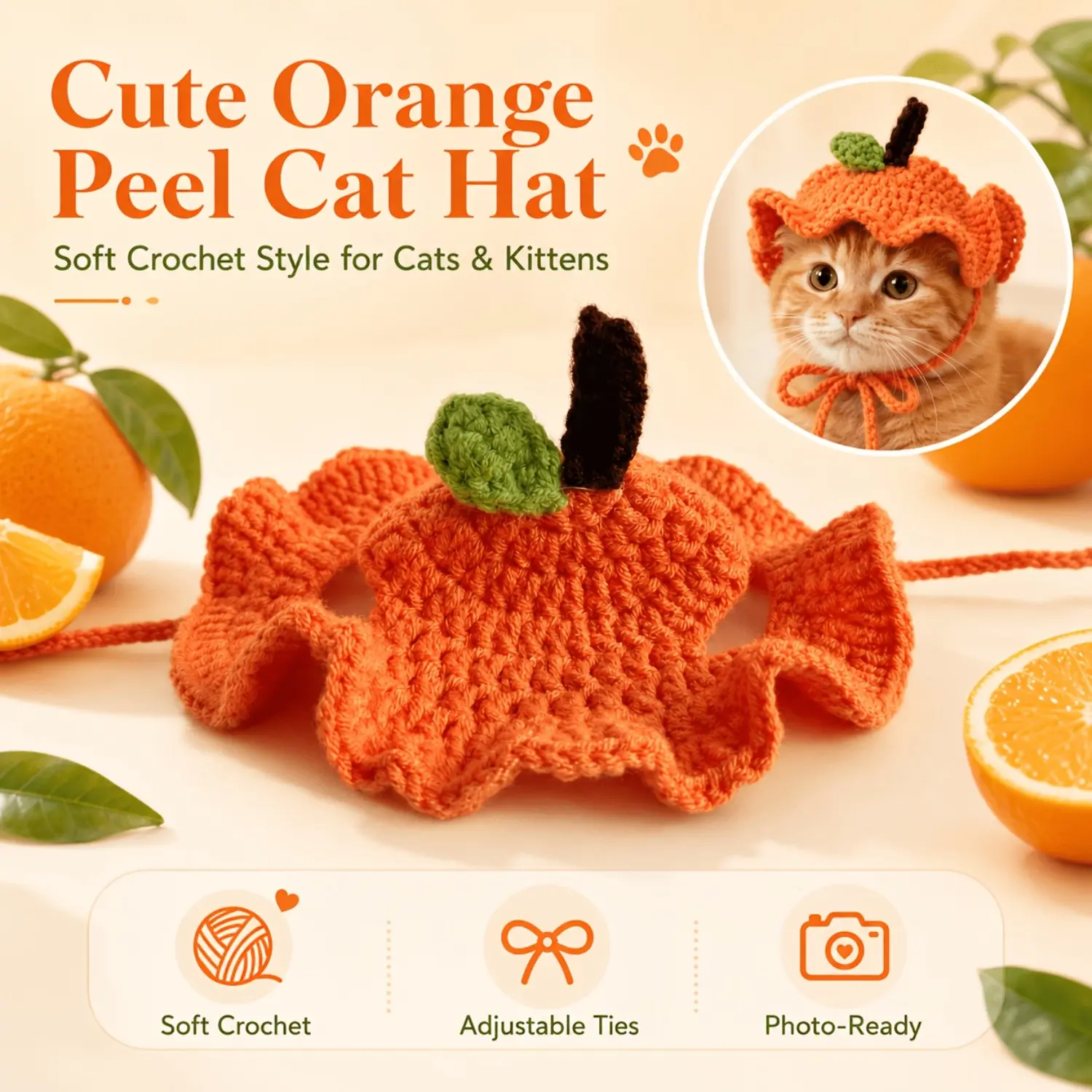 Adorable orange peel cat hat, soft crochet citrus clothing with adjustable straps, fun photo prop for cats and kittens.