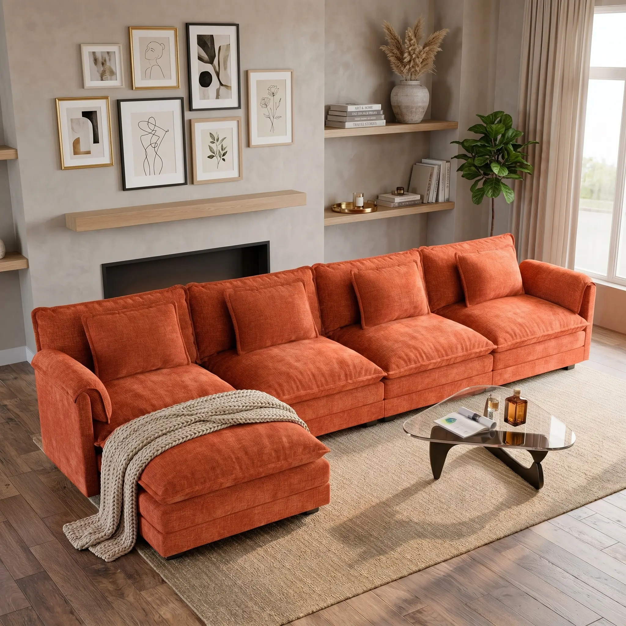ABCASA Chenille Fluffy Sectional Sofa - L-Shaped 4-Seater Upholstered Deep-Seat Corner Cloud Sofa, Modern Oversized Movable Ottoman DIY Combination Living Room Couches, Chenille Fluffy Sofa