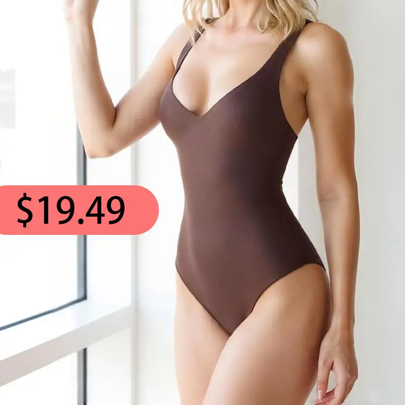 Wireless Plunge Thong Bodysuit for Women – Seamless Push-Up Shapewear with Adjustable Straps