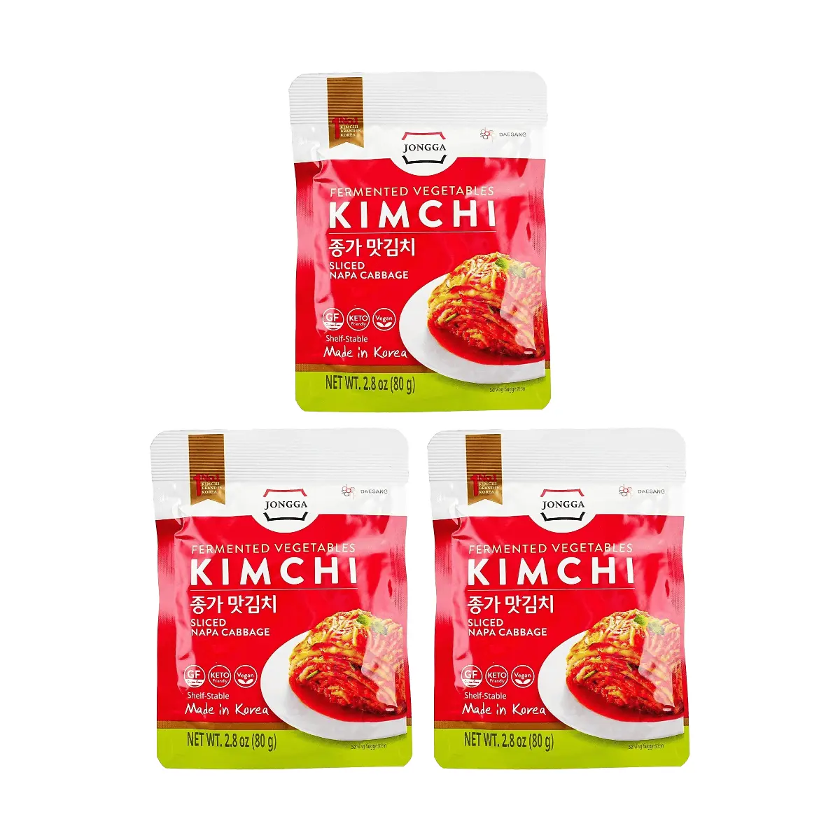 Jongga Kimchi 80g x 3 Pack - Authentic Korean Fermented Cabbage, Ready-to-Eat, Gluten-Free, Keto-Friendly Snack
