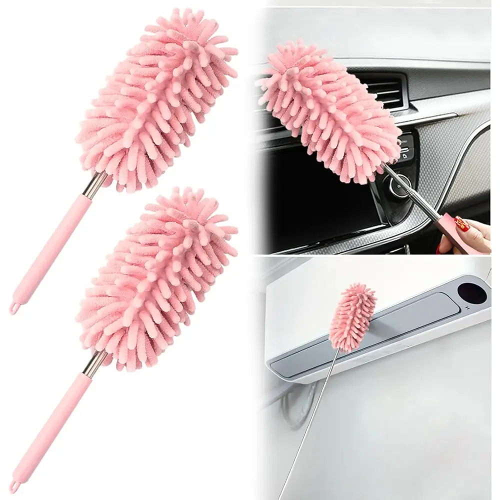 2Pcs Interior Duster with Extension Pole Soft Dash Vent Dusting Detailing Wash Brushes with Long Handle Duster Cleaner Tool New Car Must Haves Cleaning Supplies (Pink)