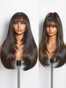 26 Inch Yak Dipped Straight Hair Wig with Bangs, Natural Vertical Style, Heat Resistant, Daily Wear Synthetic Wig, Synthetic Material Wigs