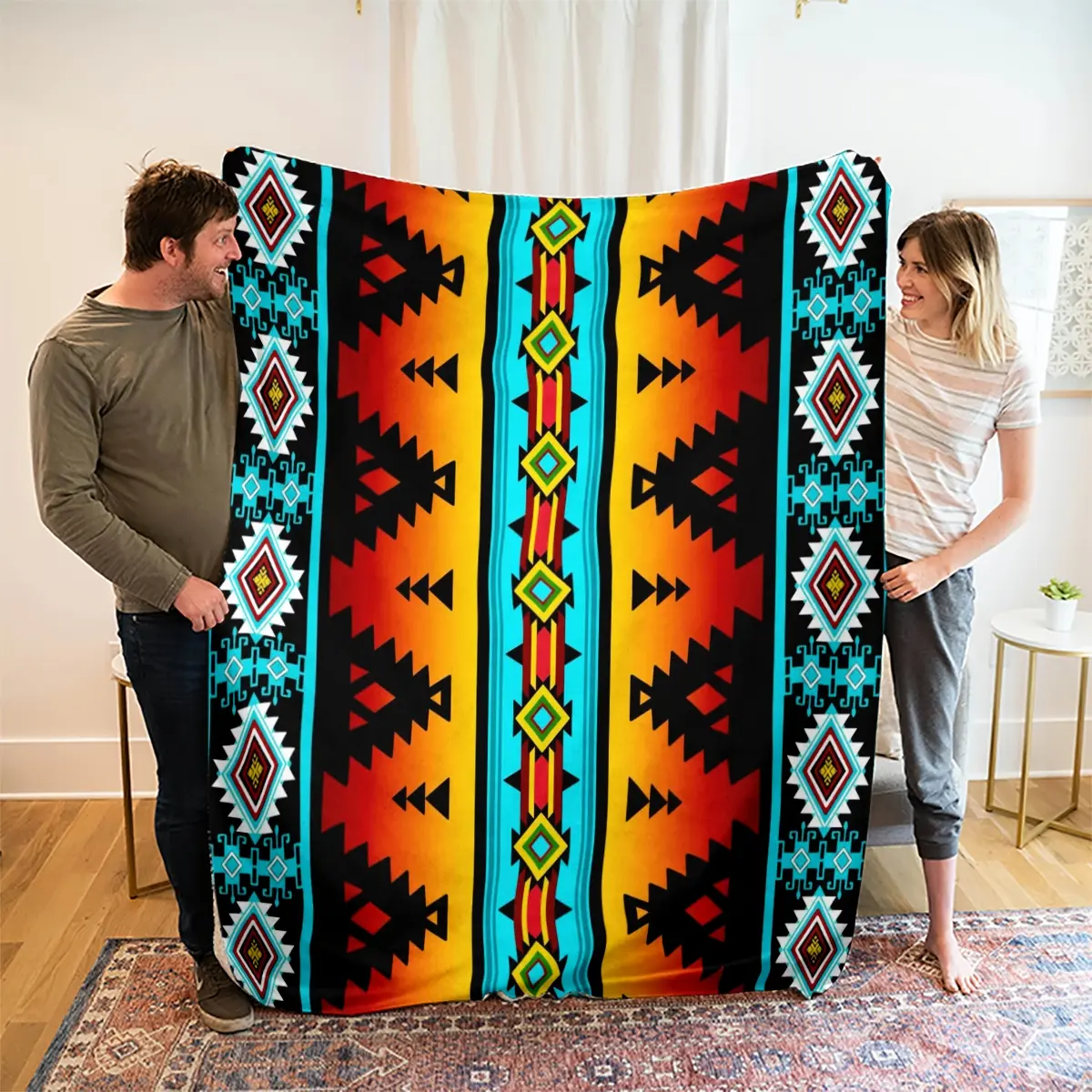 Luxury Bohemian Flannel Blanket, Boho Style Blanket, Soft Polyester Fiber Throw for Bed Sofa Outdoor Travel Gift, Modern Style Printed Design