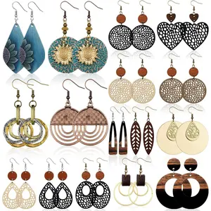 16 Pairs Boho Wooden Earrings Geometric Retro Round Earrings Lightweight Hollow out Statement Jewelry for Women