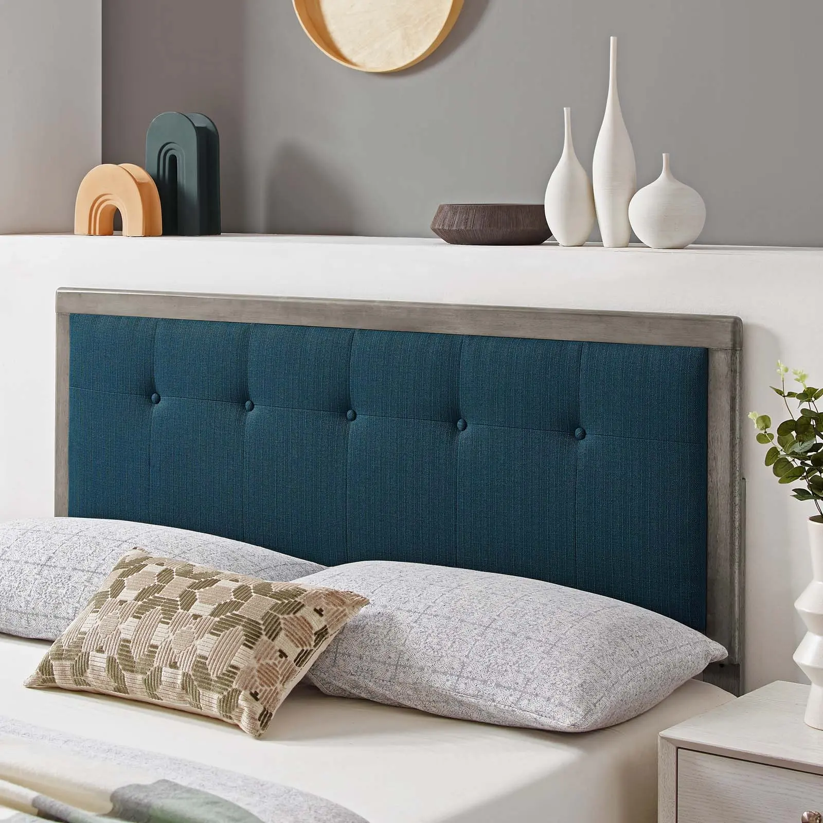 Modway Draper Tufted King Wooden Headboard - Gray Azure Fabric-Wood Construction, Upholstered Headboard Only for Master Bedroom Indoor Use, Assembly Required, Interchangeable Bed Frames