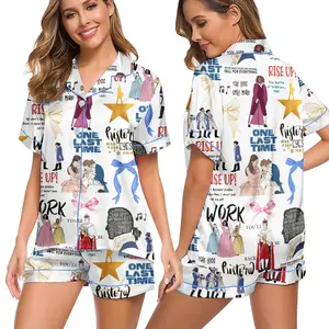 Women’s Hamilton Musical Pajamas Set – “Rise Up” Broadway Print Short Sleeve Button-Up & Shorts Sleepwear, Soft Silky Satin Lounge Set for Women