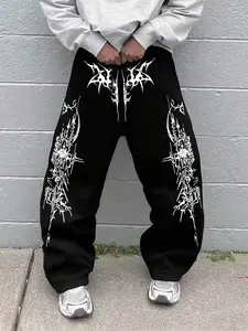 Men's Casual Sporty Long Pants, Sports Casual Pants, Lightning Thorn Pattern Print, Drawstring Wide Leg Loose Fit, All Season Men's Clothing, Casual Comfy Sweatpants