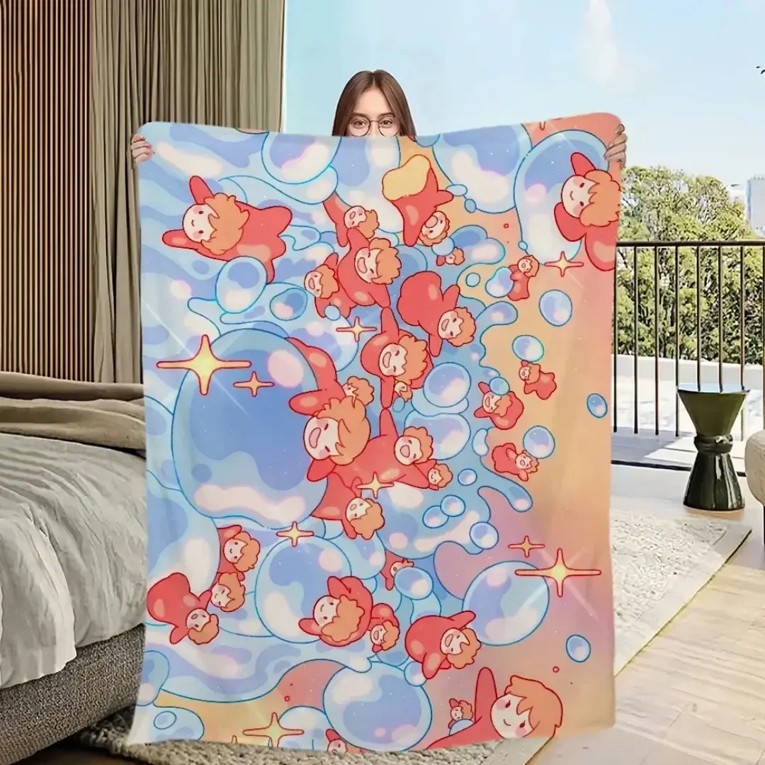 Ponyo Cartoon Printed Flannel Throw Blanket - Fuzzy Soft, Cozy, Warm Decorative Sofa Blanket for Bedroom, Travel, Giftable Home Textile, Cartoon Printed Blanket