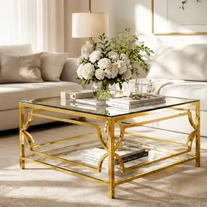 ARCH Square Glass Coffee Table 33.5" Gold Metal Frame with Lower Shelf, Modern Geometric Tempered Glass Top Living Room Table, Luxury Glam Center Table for Sofa Side, Multiple Color Options Available, Black/Transparent Color Options