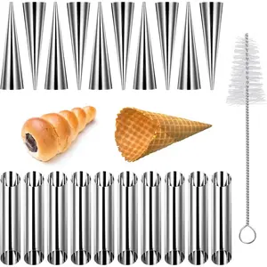 21 Pcs Cream Horn Mold Kit, Non-stick Stainless Steel Cream Horn Molds For Baking With Cleaning Brush, Cannoli Form Tubes Kit or Danish Pastry Lady Lock Forms Creams Roll Croissant