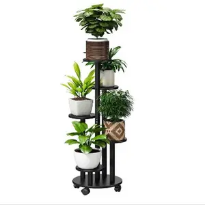 5 Tier Plant Stand For Outdoor Indoor Tall Bamboo Movable Flower Stand With Wheels Plant Shelf Pot Holder Plants Corner Display Rack Multiple Planter for Living Room Balcony Garden Patio(Black)