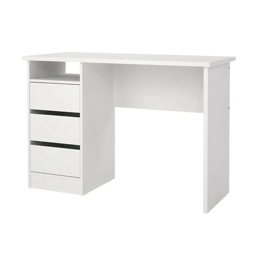 White Rectangular Office Desk, 43x19x30", Engineered Wood with 3 Drawers, Handle-Free Design & Open Shelf, Easy Assembly for Home Office, Minimalist Decluttering