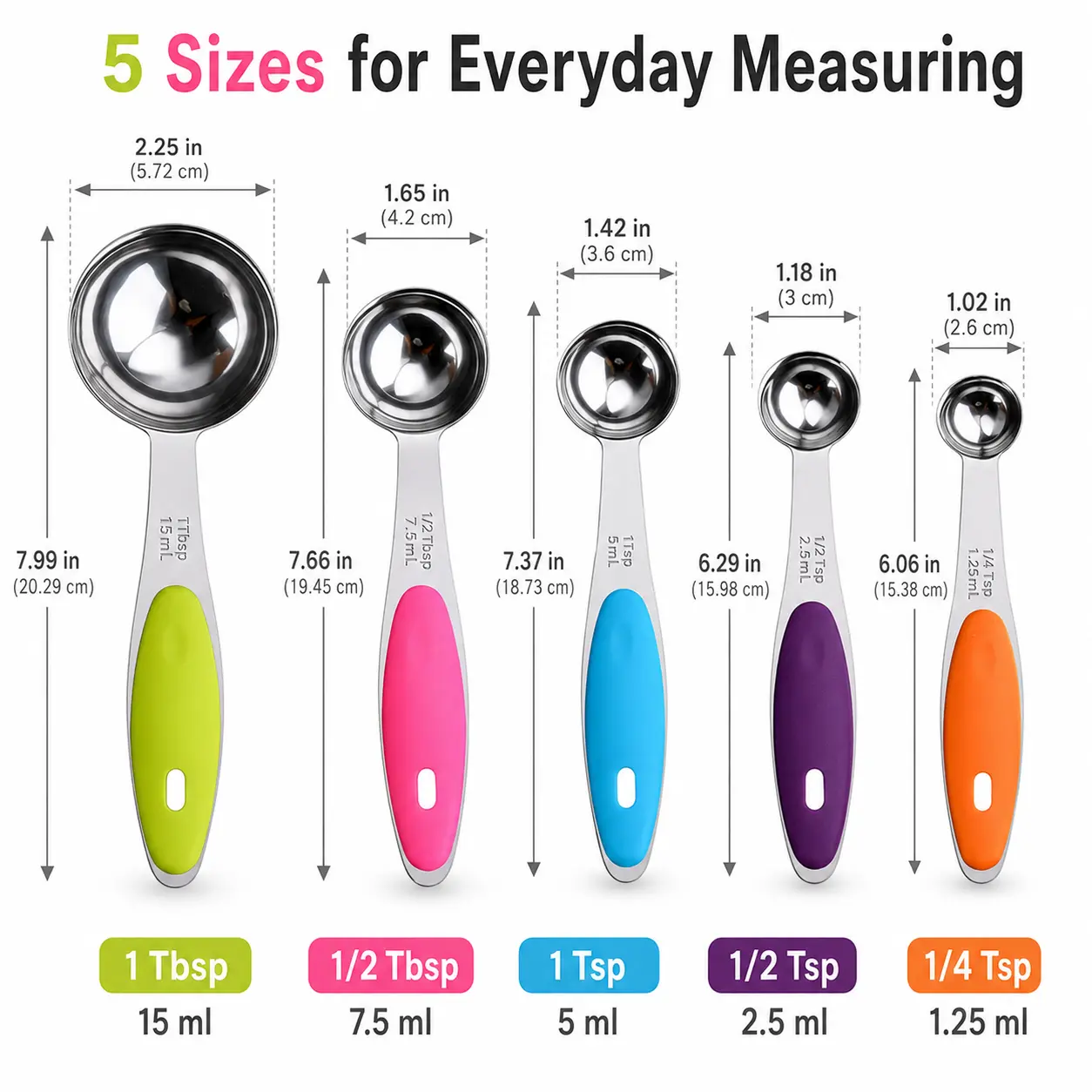 5-Piece Stainless Steel Metal Measuring Utensil Kit for Kitchen, Multicolor Tablespoon & Teaspoon with Non-Slip Handles, Hanging Holes for Cooking, Baking, Coffee Measuring