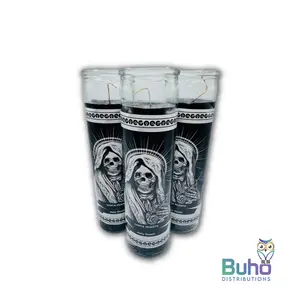 Holy Death 8" Full Label-Black | Santa Muerte-Negra| Set of 3 Religious 8” Candles| Búho Distribution
