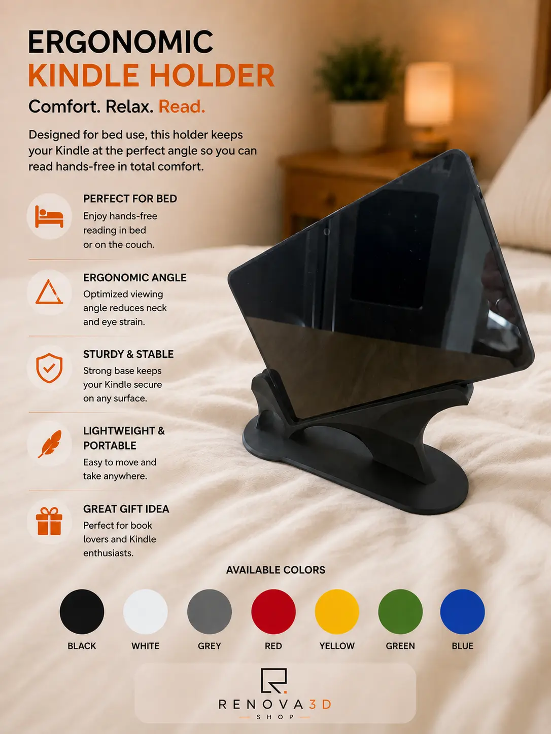 Ergonomic Kindle Holder for Bed – 3D Printed Hands-Free E-Reader Stand, Lightweight Reading Accessory
