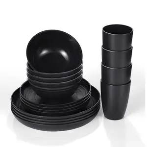 16-Piece Unbreakable Dinnerware Set – Wheat Straw Plates, Bowls & Cups, Microwave & Dishwasher Safe – Perfect for Family, Camping & Outdoor Dining (Black) Cutlery Tableware charcuterie cups