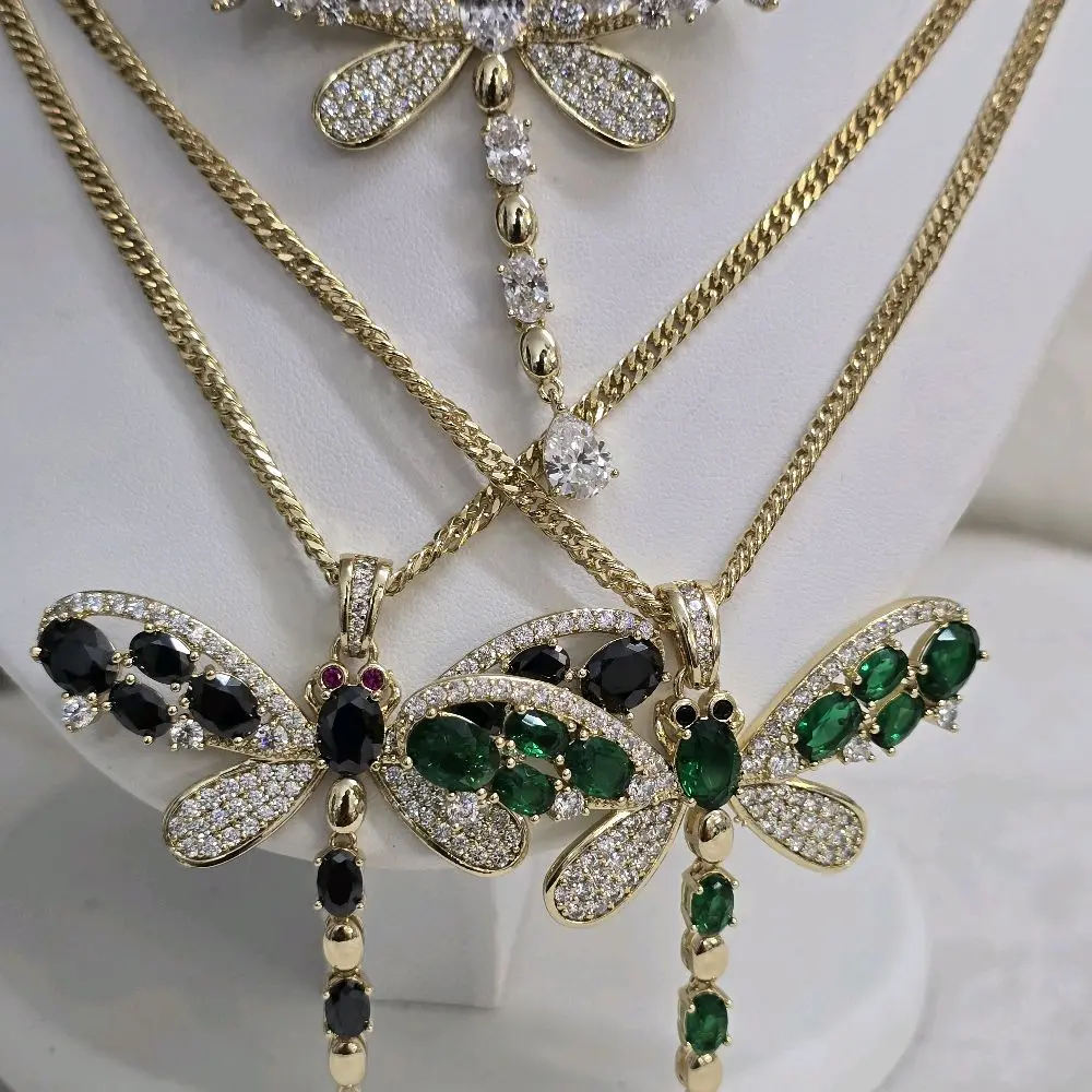 # 0068 Dragonfly Pendant Necklace 18" with Multicolor CZ Stones 14k Gold Plated Chain for Women