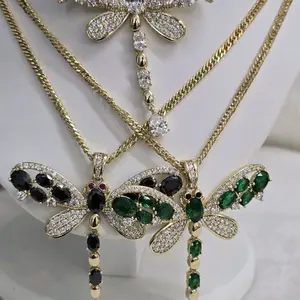 # 0068 Dragonfly Pendant Necklace 18" with Multicolor CZ Stones 14k Gold Plated Chain for Women