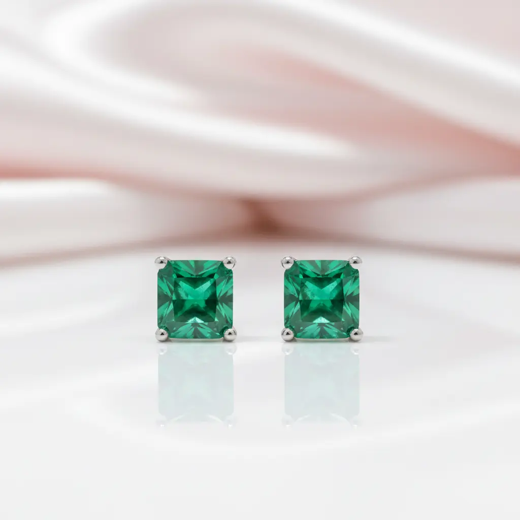 Princess Cut Emerald Green Stud Earrings