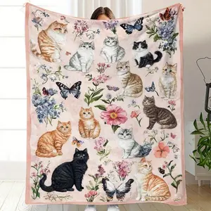 1pc Ultra-Soft Flannel Blanket with Cute Cat & Kitten Design - Light Pink Bedspread, 250-300GSM All-Season Cozy Sofa Couch Bedding, Machine Washable Shed-Resistant Comforter, Ideal Gift for & Contemporary, Room