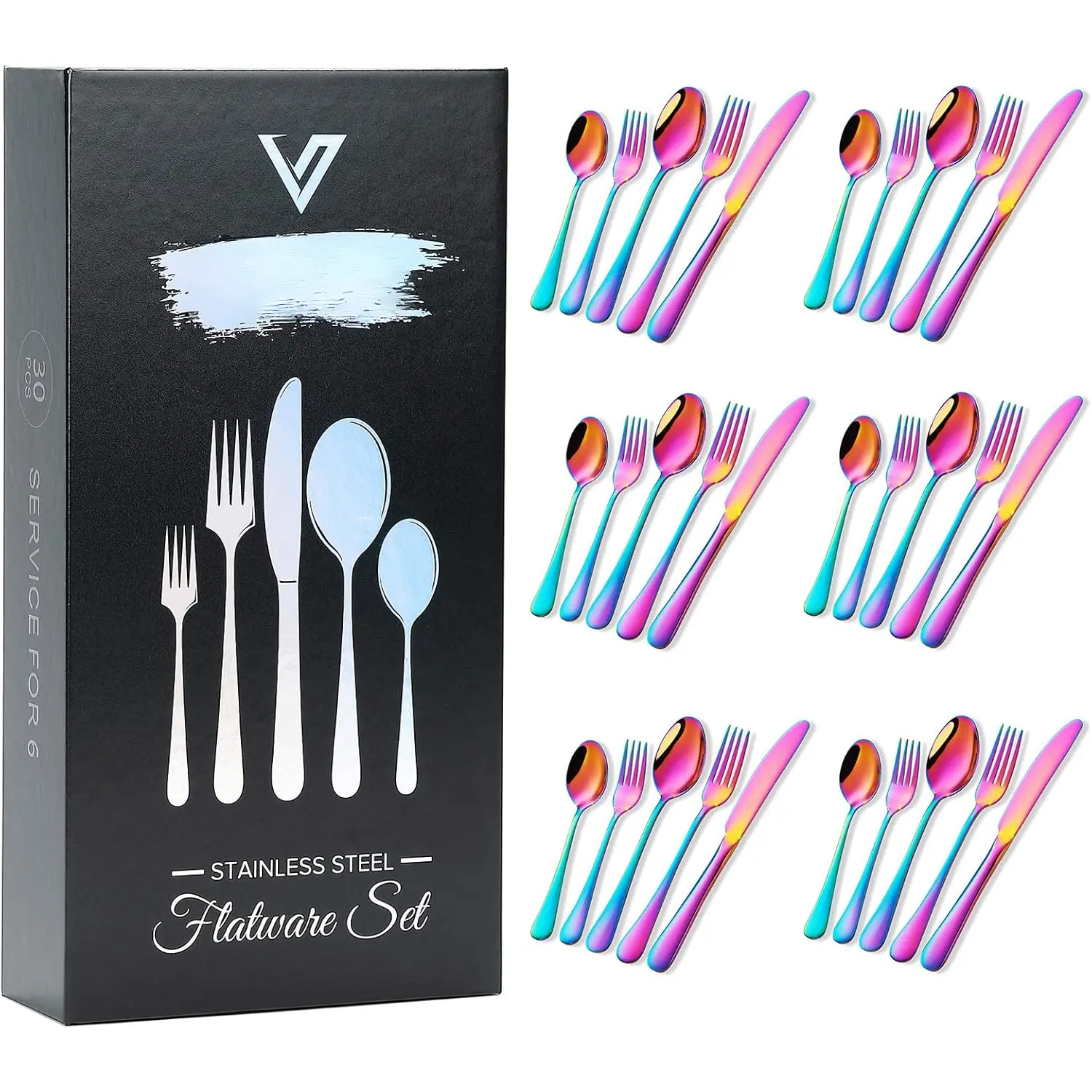 Rainbow Silverware Set Flatware Cutlery - 30 count Stainless Steel Colorful Utensils, Tableware Set Service for 6, Include /Fork/Spoon, Reusable, Mirror Polished, Dishwasher Safe