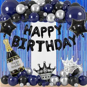 Blue Happy Birthday Party Decorations for Men, Navy Blue Black Silver Balloons Garland Arch Kit with Happy Birthday Banner,Curtains,Foil Balloons Birthday 20th 25th 30th 40th 50th 60th 70th