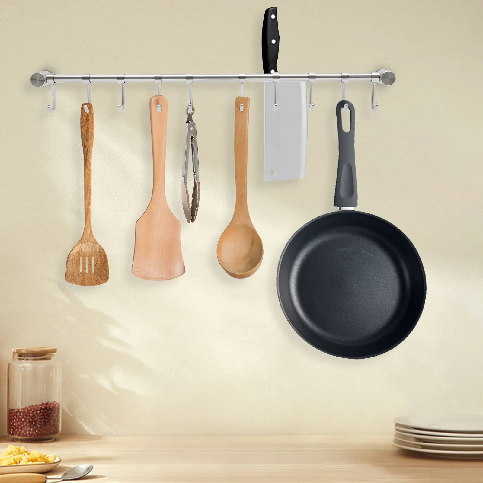 1 Pack Wall Mounted Pot Rack Modern Silver Brushed Polished 304 Stainless Steel Utensil Hanging Rack Easy To Assemble With 10 Hooks Heavy Duty 66.14 LBS Multi Purpose Space Saving Kitchen Cookware Utensil Holder Storage Organizer