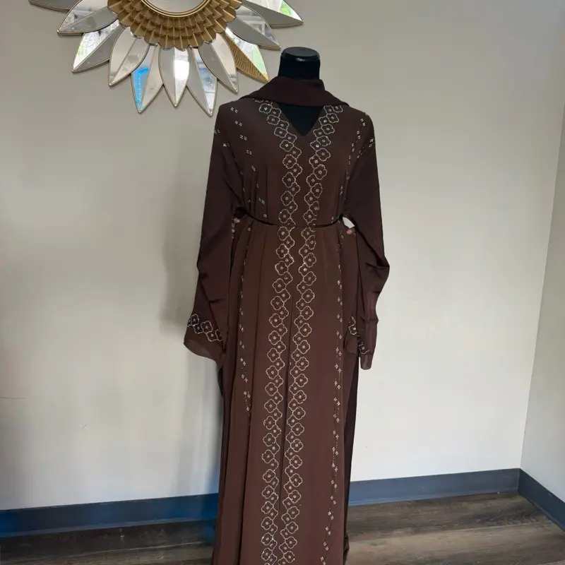 Luxury Brown Embroidered Butterfly Abaya with Matching Hijab – Women’s Modest Islamic Dress