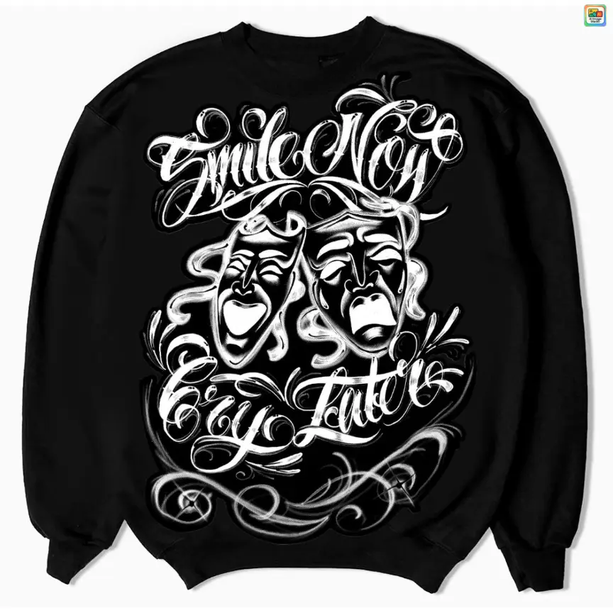 Smile Now, Cry Later' Airbrushed Crewneck (Black) Vintage Graphic Tee Good Chicano Style Design Vhicano Cholo Hoodie For Men Hoodies Luxury Dibujos Smile Chicanos T-shirt Sweatshirt Casual Classic