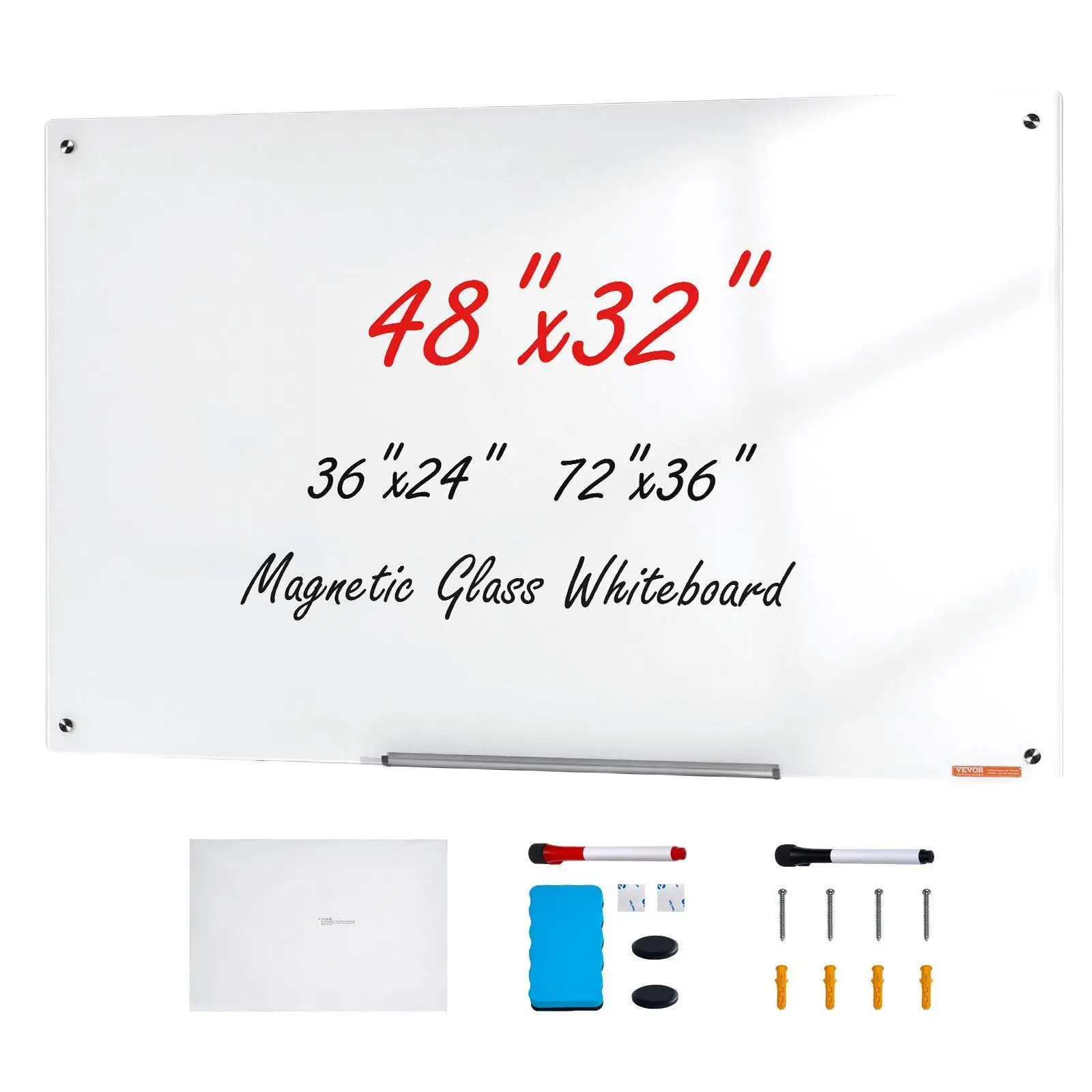 VEVOR Magnetic Frameless Glass Whiteboard, 48"x32" Wall-Mounted Dry Erase Board, with Marker Tray, Eraser & 2 Markers, White#SohoChic
