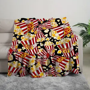 Vintage Popcorn Bucket Movie Night Print Flannel Blanket - Soft, Cozy, Warm Fuzzy Plush Throw, Retro Cinema Decor, Ideal Birthday Gift for Movie Lovers, Bedroom & Sofa Use