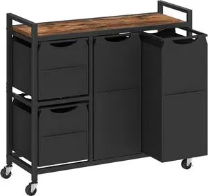Laundry Sorter with 4 Section, 34 Gal. (127 L) Laundry Hamper with Wheels, Rolling Laundry Basket with Shelf, Pull-Out Detachable Bags, Side Pockets, Rustic Brown and Black