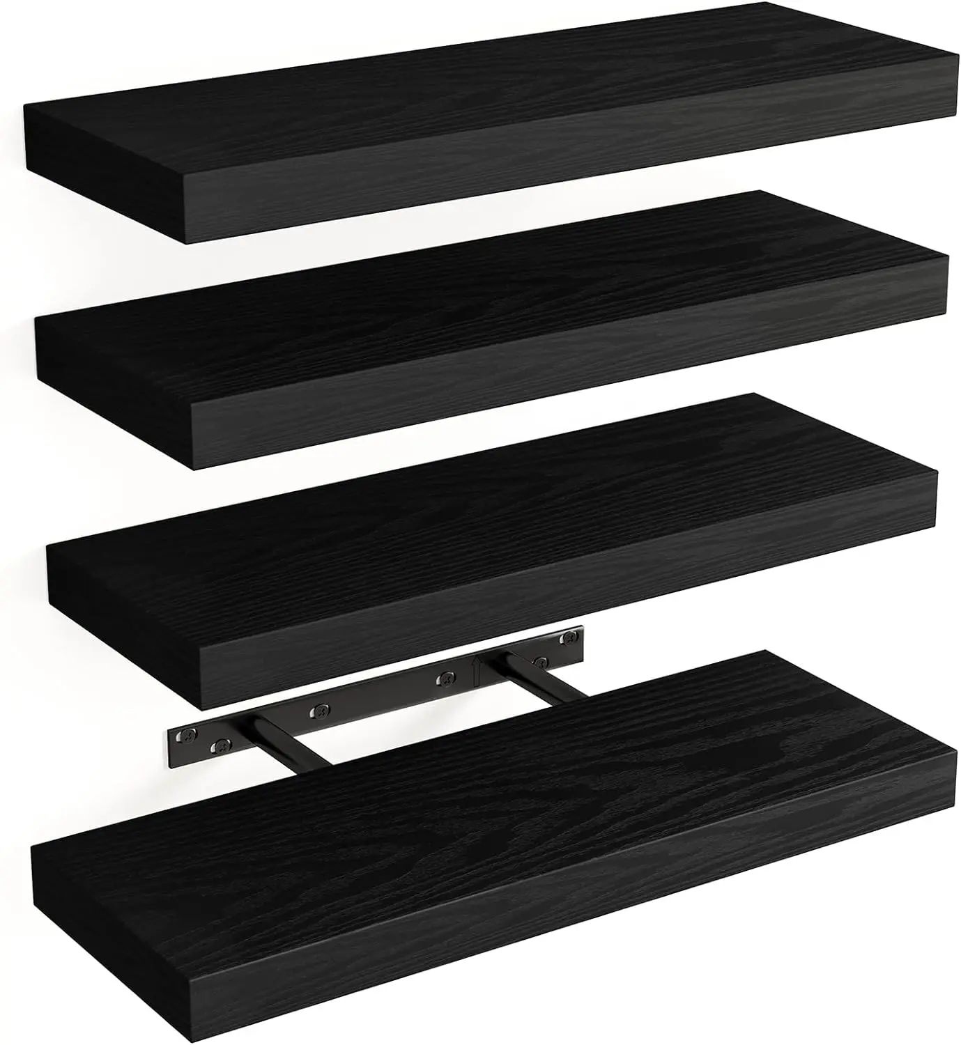 15.8in Floating Shelves, Rustic Wood Finish Wall Shelves Set of 4, Shelves for Wall Decor, with Invisible Brackets (Black)