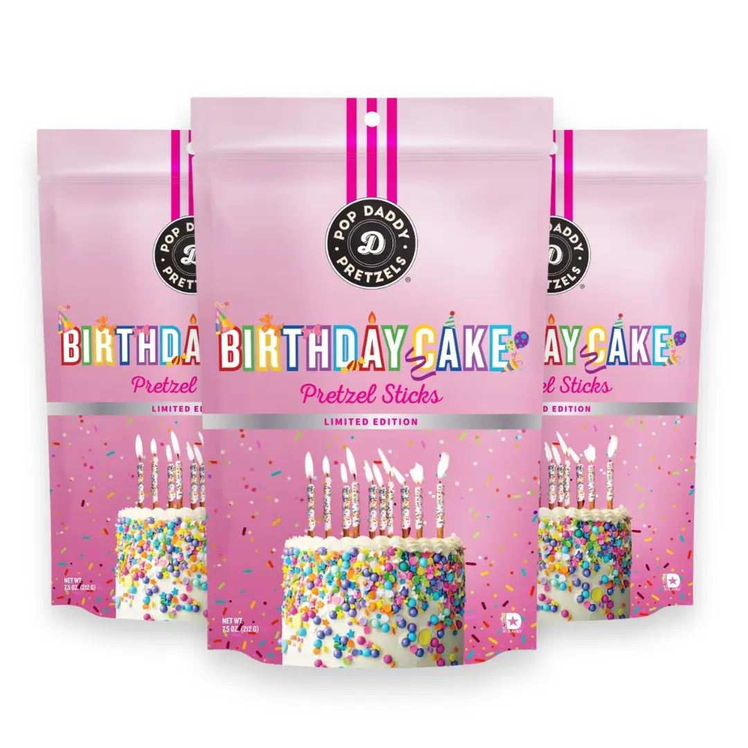 Pop Daddy Flavored Pretzels Sticks | Healthy Gourmet Pretzels Snacks | 7.5oz Individual Bags | 3 Pack | Birthday Cake Pop Daddy Flavored Pretzels Sticks | Healthy Gourmet Pretzels Snacks | 7.5oz Individual Bags | 3 Pack | Birthday Cake
