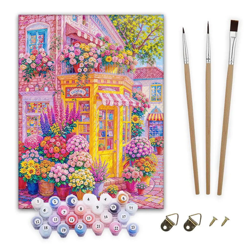 Flower Lane 1 Paint By Numbers Kit - DIY Floral Painting for Beginners, Includes 3 Brushes, 24 Numbered Pigments, 2 Metal Hangers, No Battery Needed, Boosts Creativity for Wall Decoration, 24 Color Numbers