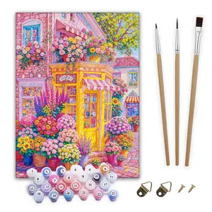 Flower Lane Paint By Numbers Kit DIY Art Set with 3 Brushes, 24 Color Numbers, and 2 Metal Hangers for Creative Painting  art beginner gift wall decoration craft