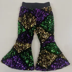 baby girl clothes Mardi Gras party wear purle green yellow sequin pant bell bottom pant